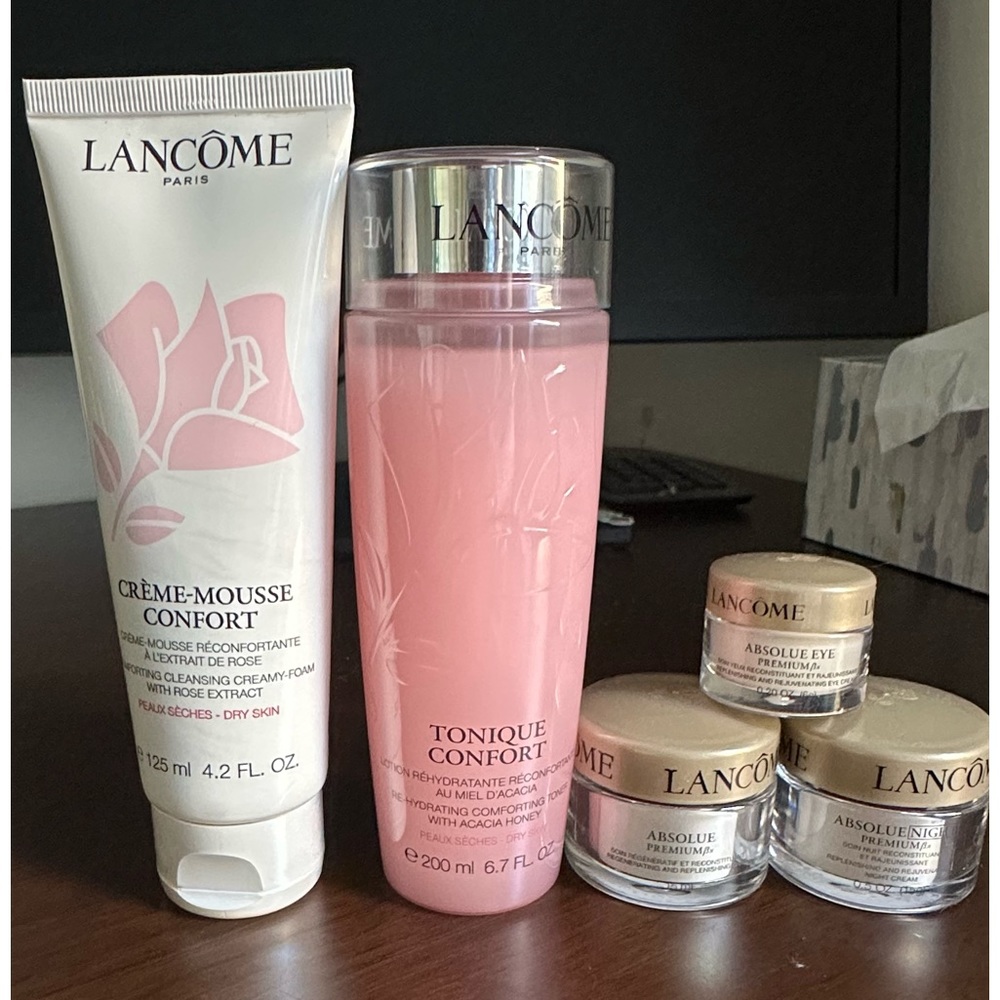 Lancome cleanser, toner, day cream, night cream and eye cream.